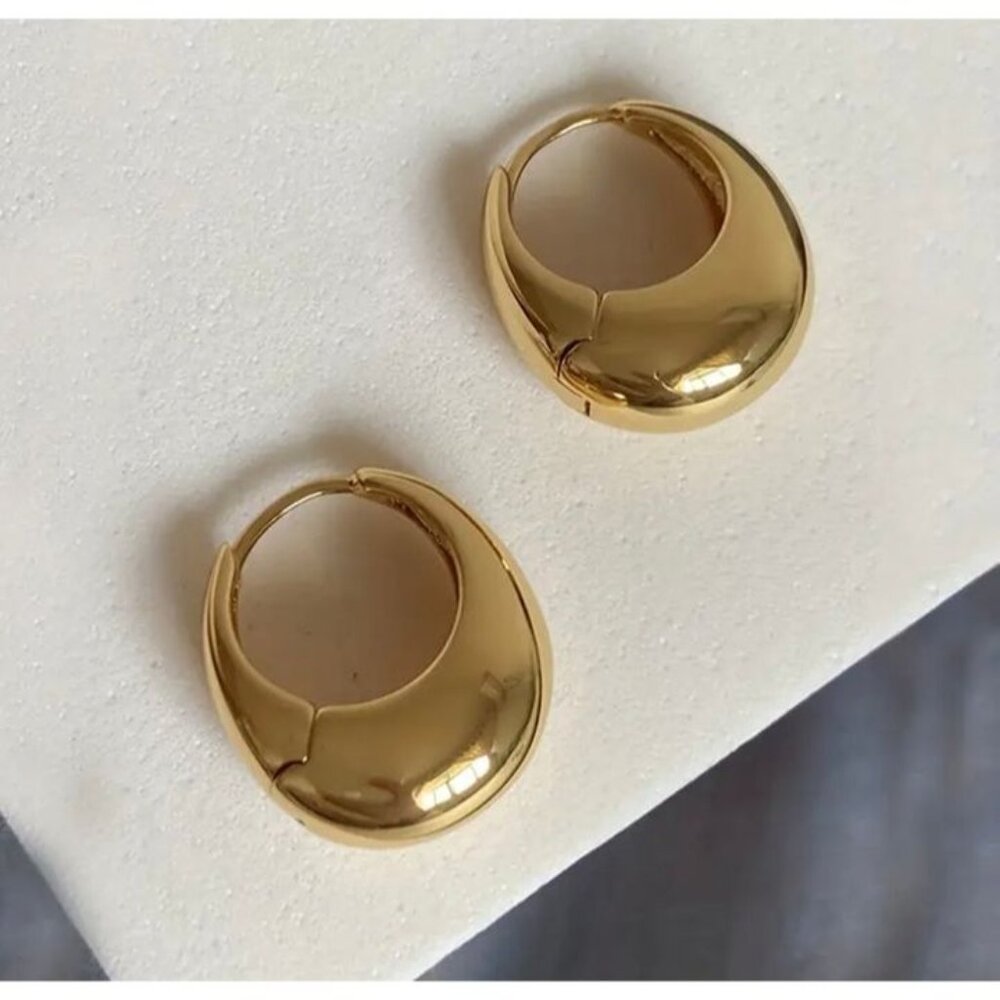 14K Gold Plated Oval Hoop Earrings Organic Irregular Chunky Statement Modern - Picture 1 of 3